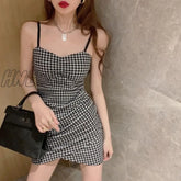 Hnewly Sleeveless Dress Women Sexy Backless Houndstooth Teens Trendy Ins Body-Con Slim Spaghetti
